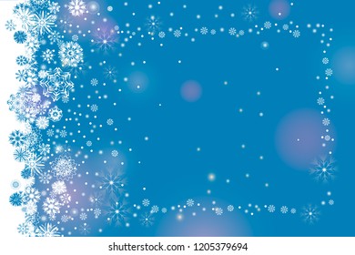 Falling snow frame on a bright blue  background. Abstract winter lights blurry background for your Merry Christmas and Happy New Year design. Vector border illustration