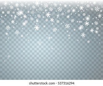 Falling snow with glowing stars on a blue transparent background. Abstract light effect for your Christmas, New Year or winter design. Vector illustration