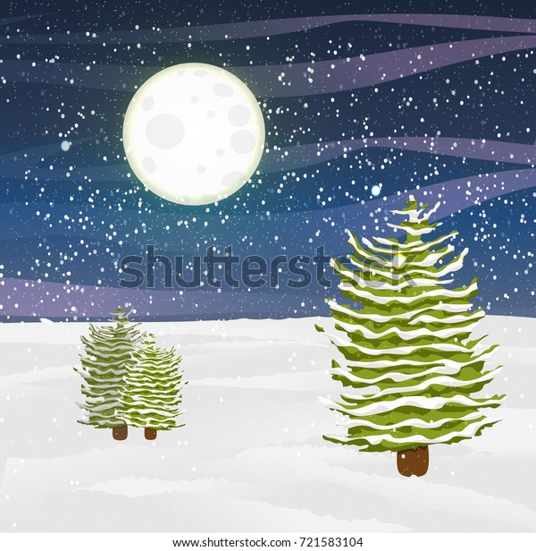 Falling snow. Green fir trees with snow on the\
branches on a snow-covered meadow with snowdrifts. Winter sky,\
clouds and sun. Vector\
landscape