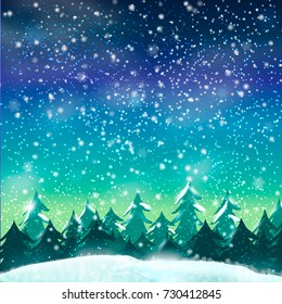 Falling snow. Happy Holiday greeting card. Vector snowy background for your holidays design. Vector winter holidays backgrounds with snowflakes, trees. Vector illustration 10 EPS. 