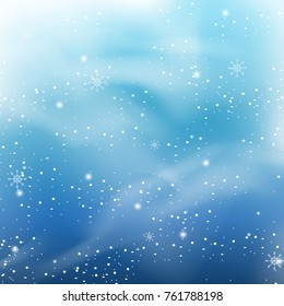 Falling snow isolated on blue background. For greeting card merry christmas, web site, poster, placard and wallpaper. Falling snow backdrop