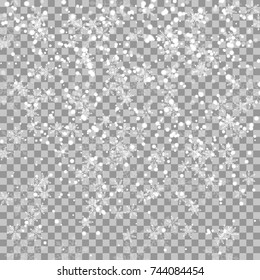 Falling snow isolated on the a transparent background. Snowflakes, snowfall. Celebration Banner for Christmas and New Year . Winter backdrop.