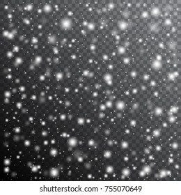 Falling snow isolated on a transparent background. Realistic vector illustration