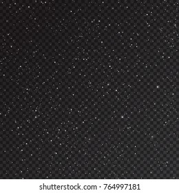 Falling snow isolated on transparent background. Realistic blizzard overlay effect with glitters for Christmas card decoration. Vector design element