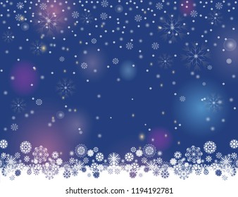 Falling snow magic border on a dark blue background. Abstract winter night lights blurry background for your Merry Christmas and Happy New Year design. Vector holiday illustration. Place for your text