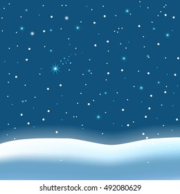 Falling snow and magic stars on night sky background, vector illustration.