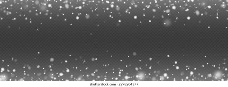 Fallender Schnee in Bewegung einzeln auf dunklem Hintergrund. Weiße, unscharfe Schneeflocken fliegen in der Luft. Weihnachtsdekoration. Vektorgrafik.