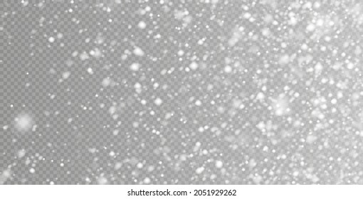 Falling snow in motion, white blurred snowflakes flying in the air. Christmas overlay effect. 