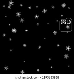 Falling snow on a black  background. Vector illustration 10 EPS. Abstract snowflake background. Fall of snow.