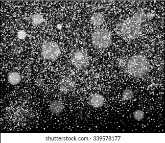 Falling Snow on the Black Background. Christmas Holiday Mood Background. New Year Weather Background, Vector Illustration.