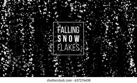 Falling Snow On Black Background. Snowflake Or Snowfall, Texture Flake, Blizzard Weather. Vector Illustration