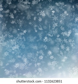 Falling snow on a blue background. Abstract white snowflake and sparkles background. EPS 10