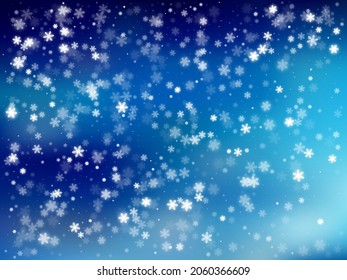 Caer Nieve En El Fondo Azul. Fondo invernal con copos de nieve cayendo. Fondo de la tarjeta de Navidad. Ilustración vectorial. Nevada en invierno y fondo azul oscuro. Invierno frío 