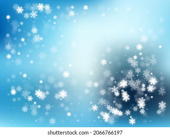 Caer Nieve En El Fondo Azul. Fondo invernal con copos de nieve cayendo. Fondo de la tarjeta de Navidad. Ilustración vectorial. Nevada en invierno y fondo azul oscuro. Invierno frío