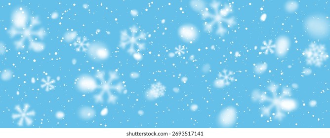 Falling Snow On Blue Background With Soft Glow And Blurred Snowflakes, Perfect For Winter, Christmas, And Holiday Design Projects. Vector Illustration.