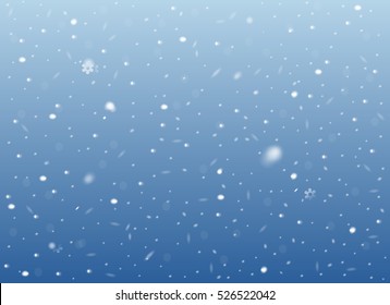 Falling snow on blue background. Vector image. Abstract snowflake backdrop. Winter composition with glowing elements. Snowfall in motion. Template in seasonal style for your design. Snowy horizontal