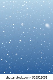 Falling snow on blue background. Vector image. Abstract snowflake backdrop. Winter composition with glowing elements. Snowfall in motion. Template in seasonal style for your design. Snowy vertical.