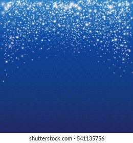 Falling snow on a blue background. Abstract white glitter snowflake background. Vector magic Christmas snowfall.