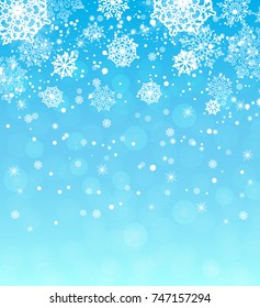 Falling snow on blue background.  Vector illustration.
