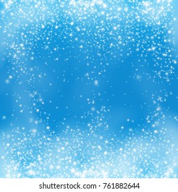 Falling snow on the blue background. Snowflake on winter blue sky vector