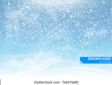 Falling snow on a blue background. Snowstorm and snowflakes. Background for winter holidays. Vector Illustration