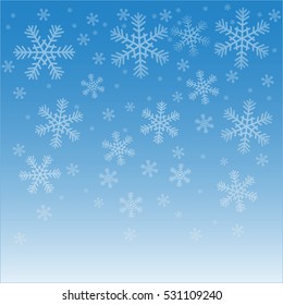 Falling snow on a blue sky background. Vector illustration  for your design. Abstract snowflake background. Fall of snow. Snowy elements on winter background. Snowfall and snowflakes in motion
