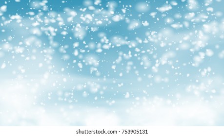 Falling Snow On Blue Sky Holiday Background. EPS10 Vector