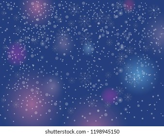 Falling snow on blurry dark blue background. Abstract snowflake background for your Merry Christmas design. Vector illustration for winter