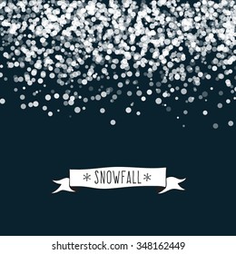 Falling Snow on the dark Background and sketch ribbon. Christmas Holiday Mood Background. Vector illustration for your design