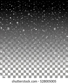 Falling snow on dark background. Vector image. Abstract snowflake backdrop. Winter composition with glowing elements. Snowfall in motion. Template in seasonal style for your design. Snowy vertical.