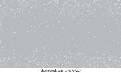 Falling Snow on Gray, Vector. Falling Snowflakes, Night Sky. Advertising Frame, New Year, Christmas Weather. Winter Holidays Storm Background. Elegant Scatter, Grunge White Glitter. Cold Falling Snow