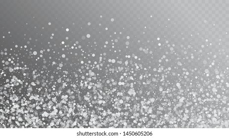 Falling Snow on Gray, Vector. Advertising Frame, New Year, Christmas Weather. Falling Snowflakes, Night Sky. Winter Holidays Storm Background. Elegant Scatter, Grunge White Glitter. Cold Falling Snow