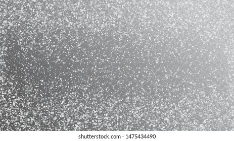 Falling Snow on Gray, Vector. Winter Holidays Storm Background. Advertising Frame, New Year, Christmas Weather. Falling Snowflakes, Night Sky. Elegant Scatter, Grunge White Glitter. Cold Falling Snow