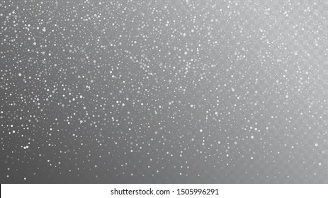 Falling Snow on Gray, Vector. Advertising Frame, New Year, Christmas Weather. Winter Holidays Storm Background. Falling Snowflakes, Night Sky. Elegant Scatter, Grunge White Glitter. Cold Falling Snow
