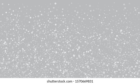 Falling Snow on Gray, Vector. Advertising Frame, New Year, Christmas Weather. Winter Holidays Storm Background. Falling Snowflakes, Night Sky. Elegant Scatter, Grunge White Glitter. Cold Falling Snow