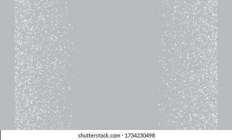 Falling Snow on Gray, Vector. Winter Holidays Storm Background. Advertising Frame, New Year, Christmas Weather. Falling Snowflakes, Night Sky. Elegant Scatter, Grunge White Glitter. Cold Falling Snow