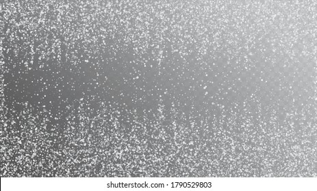 Falling Snow on Gray, Vector. Falling Snowflakes, Night Sky. Winter Holidays Storm Background. Advertising Frame, New Year, Christmas Weather. Elegant Scatter, Grunge White Glitter. Cold Falling Snow