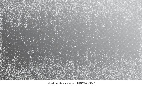 Falling Snow on Gray, Vector. Falling Snowflakes, Night Sky. Advertising Frame, New Year, Christmas Weather. Winter Holidays Storm Background. Elegant Scatter, Grunge White Glitter. Cold Falling Snow