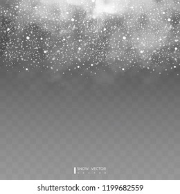 Falling snow on a transparent background. Snow clouds or shrouds. Fog, snowfall. Abstract snowflake background. Fall of snow. Vector illustrator 10 EPS.