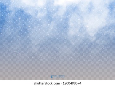 Falling snow on a transparent background. Snow clouds or shrouds. Fog, snowfall. Abstract snowflake background. Fall of snow. Vector illustrator 10 EPS.