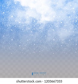 Falling snow on a transparent background. Snow clouds or shrouds. Fog, snowfall. Abstract snowflake background. Fall of snow. Vector illustrator 10 EPS.