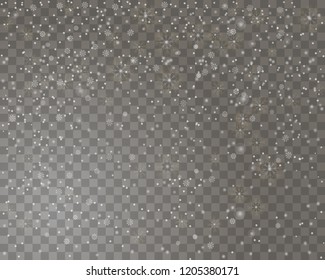 Falling snow on a transparent background. Abstract snow background for your Merry Christmas and Happy New Year design. Vector illustration