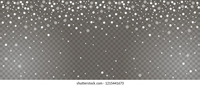 Falling snow on a transparent background. Abstract snow background for your Merry Christmas and Happy New Year design. Vector horizontal illustration