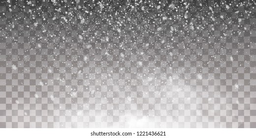 Falling snow on a transparent background. Snow clouds or shrouds. Fog, snowfall. Abstract snowflake background. Fall of snow. Vector illustrator 10 EPS.