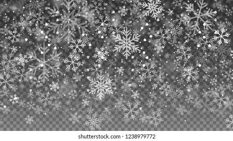 Falling snow on transparent background. Snowflakes. Vector illustration.