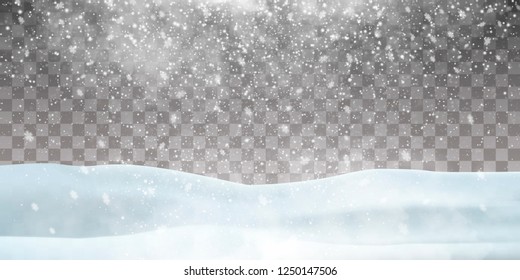 Falling snow on a transparent background. Snow clouds or shrouds. Fog, snowfall. Abstract snowflake background. Fall of snow. Vector illustrator 10 EPS.