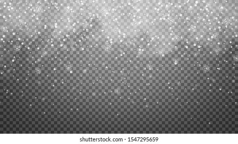 Falling snow on transparent background. Snowfall texture, snowflakes are falling down, transparent overlay effect. Realistic Christmas snow. Vector