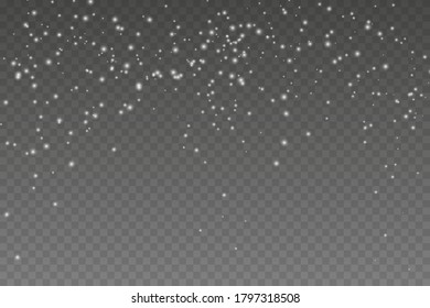 Falling snow on a transparent background. Beautiful falling snow Christmas background. Actual winter silver snowflake overlay template.