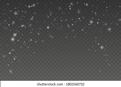 Falling snow on a transparent background.  Christmas decoration. Winter Holiday landscape for Merry Christmas and Happy New Year greeting cards. 