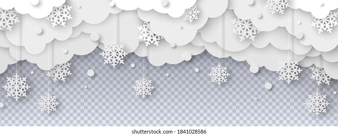 Falling Snow On Transparent Background In Paper Cut Style. Snowstorm Clouds Overlay Effect For Christmas And New Year Design. Vector Illustration